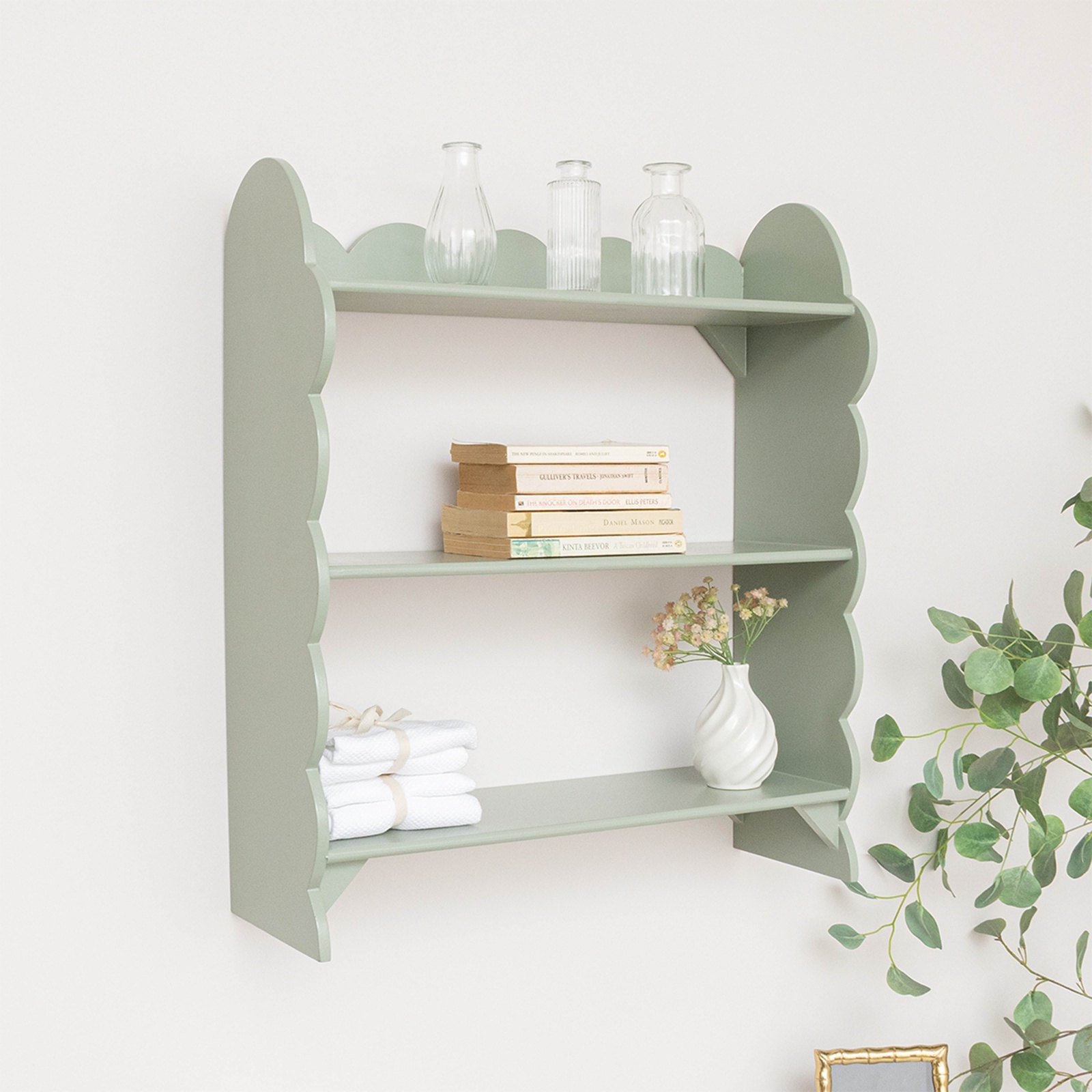 Sage Green Scalloped Wall Shelf with 3 Shelf Units