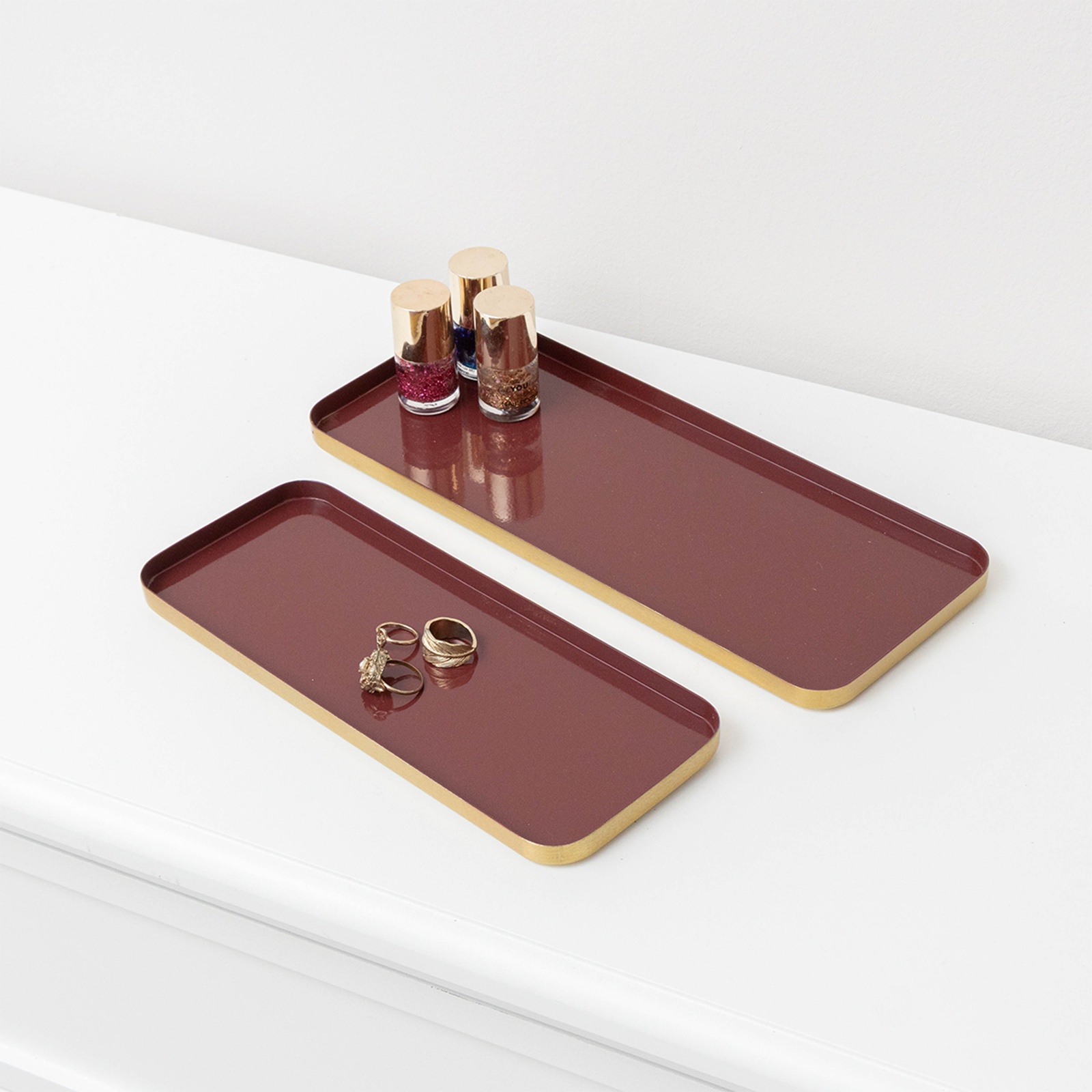 Set Of 2 Rectangular Metal Oxblood Red and Gold Decorative Trays