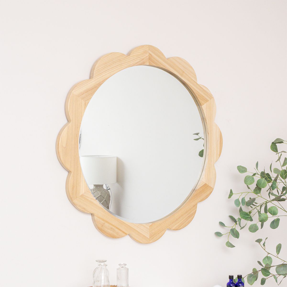 Large Light Wood Scalloped Edge Bevelled Wall Mirror - 97cm
