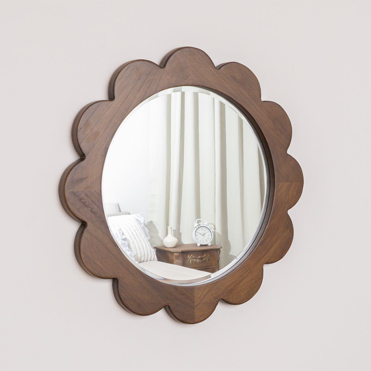 Dark Wood Scalloped Edge Bevelled Wall Mirror - 70cm