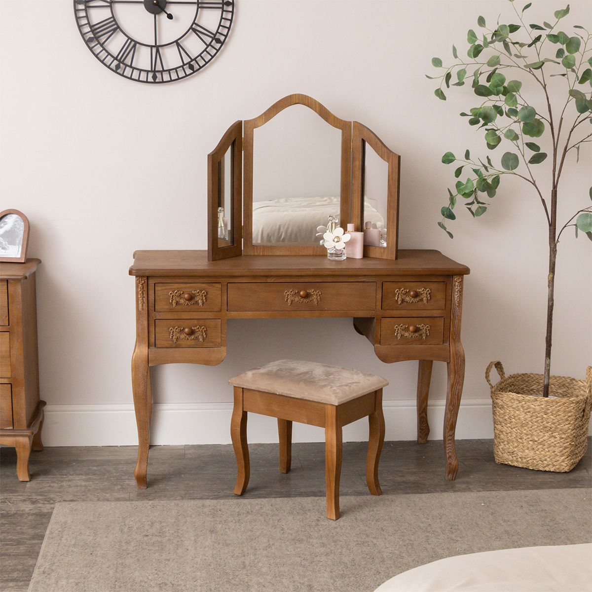 Wooden Dressing Table Desk with Triple Mirror and Stool - Pays Du Bois Range