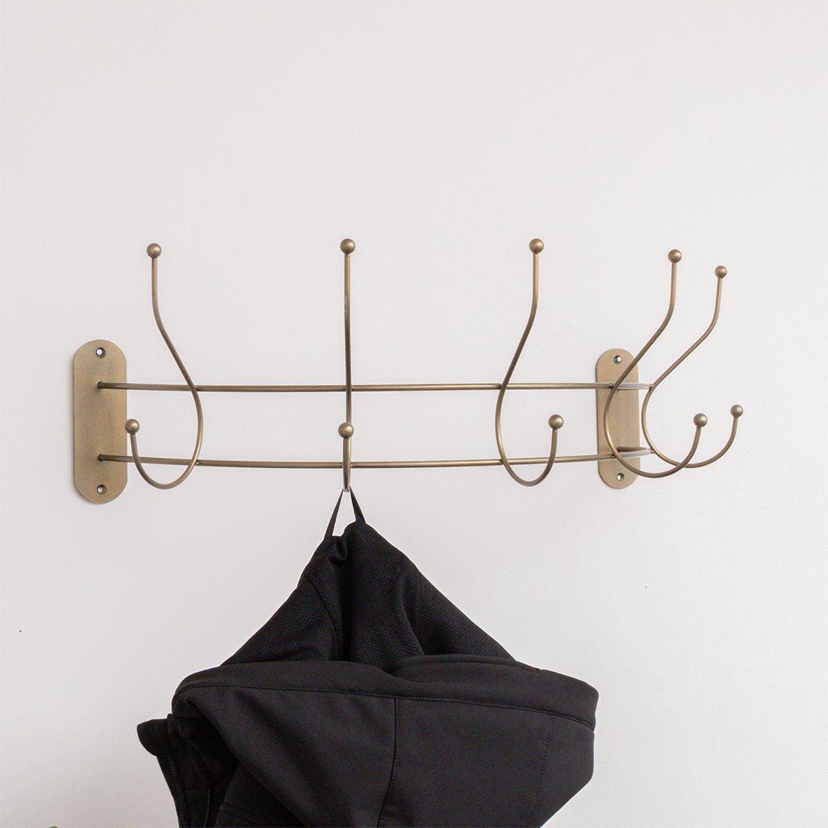 Antique Gold Curved Coat Hanger Rail with 5 Storage Hooks - 60cm