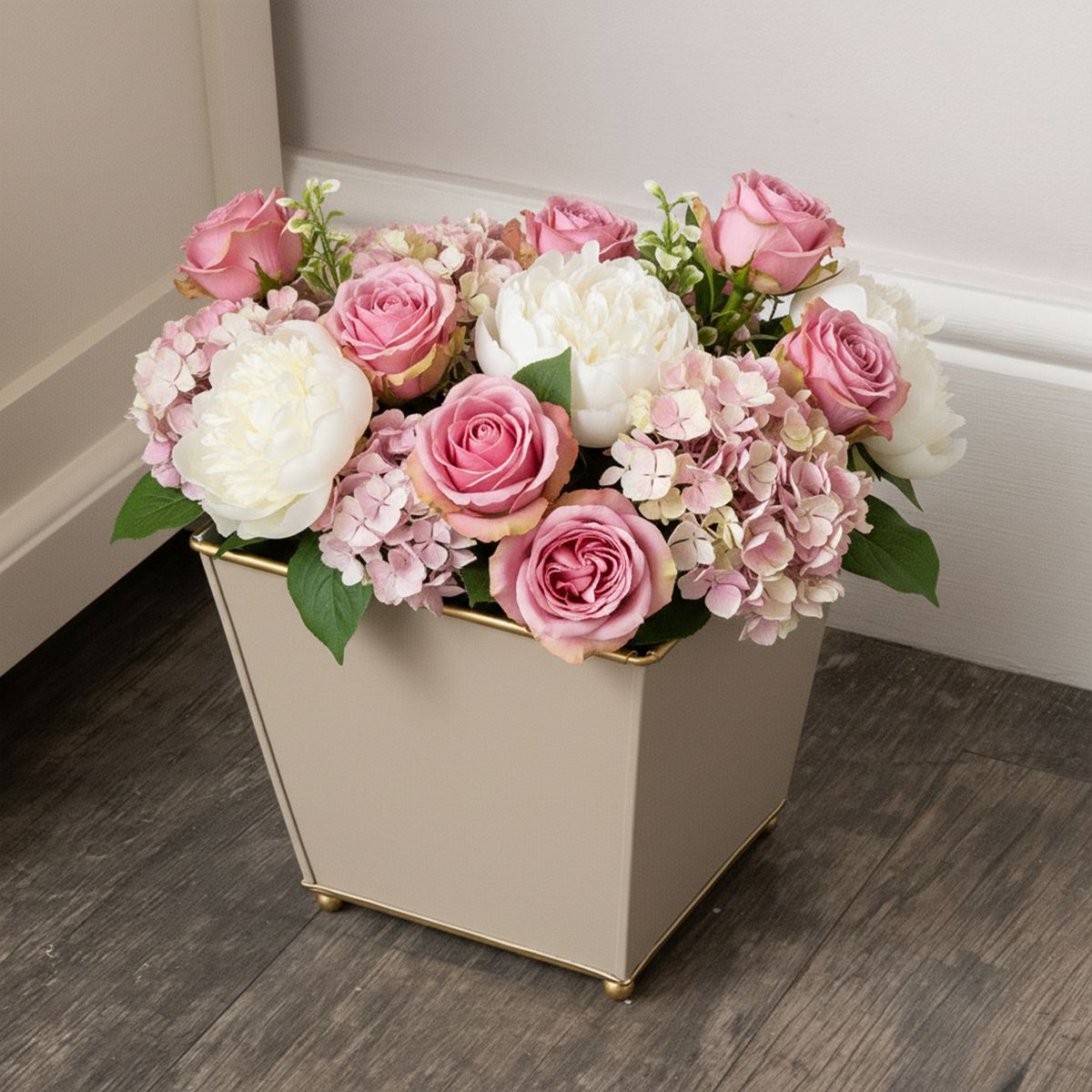 Sandy Beige Metal Planter Pot with Gold Feet - 17cm x 16.5cm