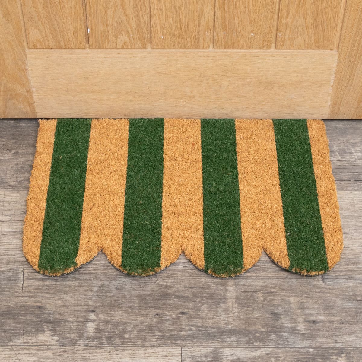 Rectangular Green & Natural Striped Doormat with Scallop Edge