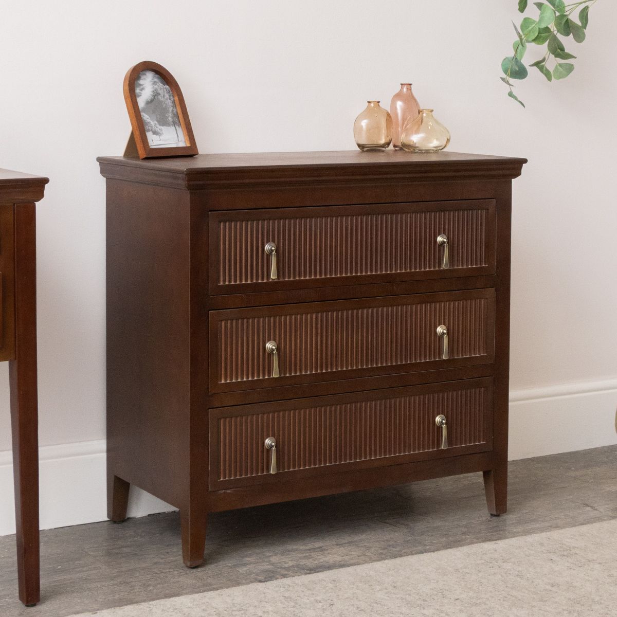 3 Drawer Dark Brown Wooden Reeded Chest of Drawers - Georgian Range