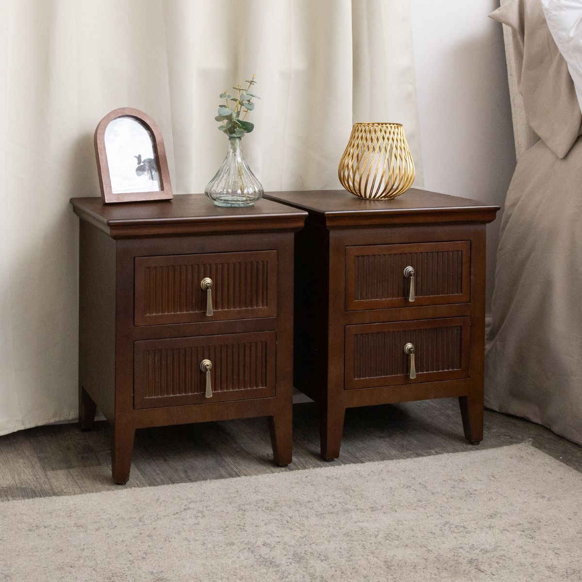 Pair of Dark Brown Wooden Reeded 2 Drawer Bedside Tables - Georgian Range