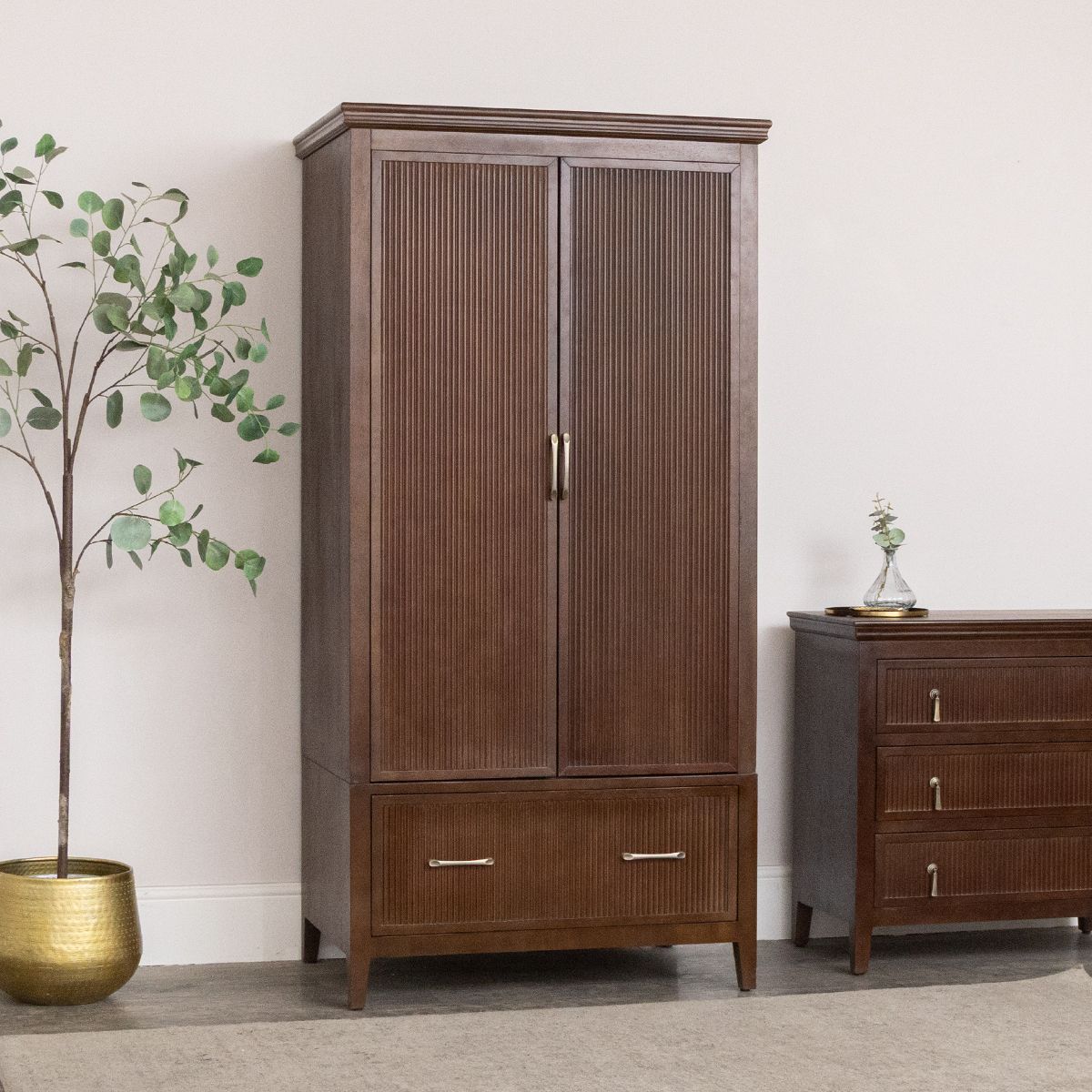 Dark Brown Wooden Reeded Wardrobe - Georgian Range