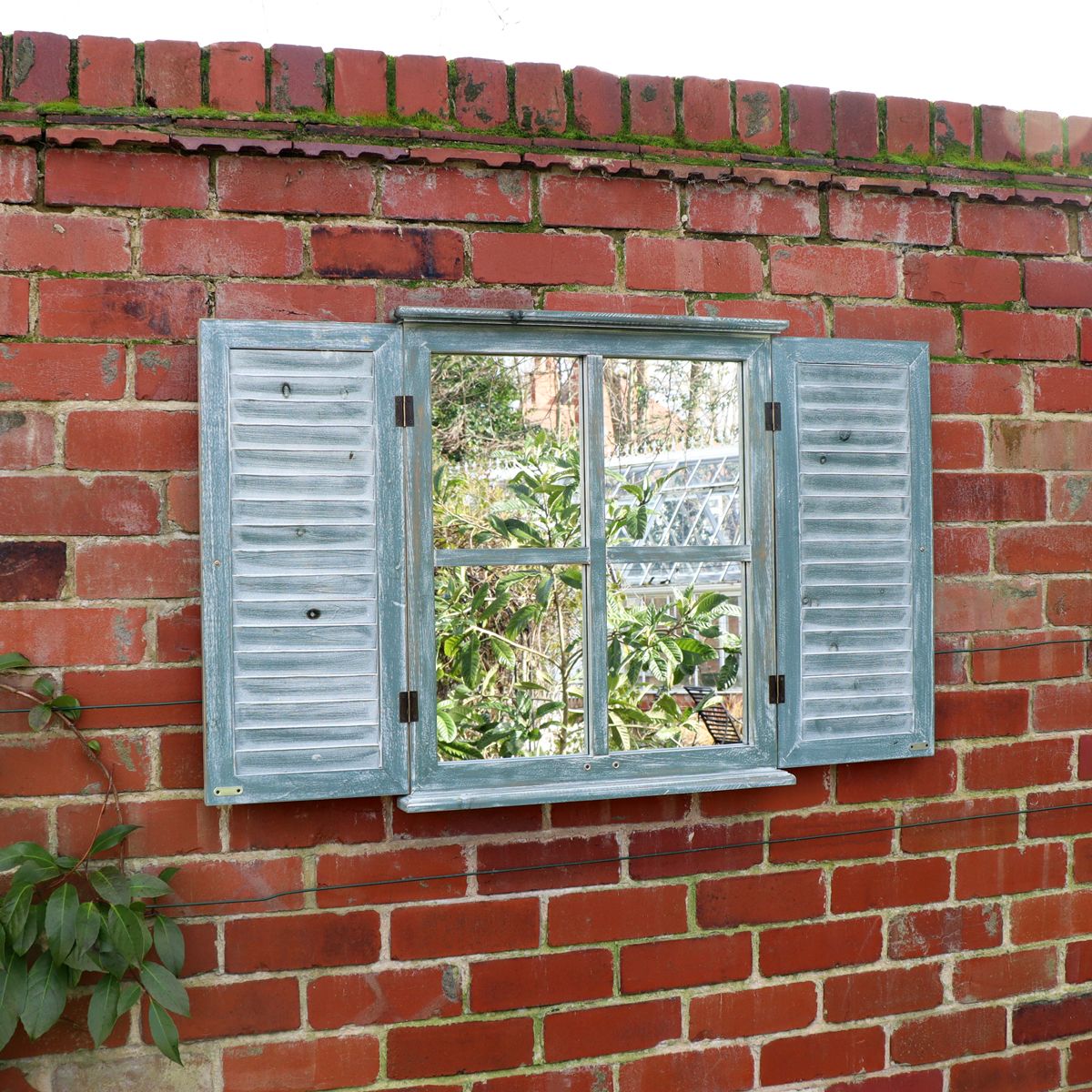 Distressed Green Shutter Style Garden Wall Mounted Mirror 60cm x 70cm