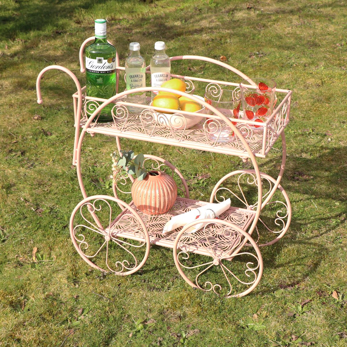 Pink Round Garden Bar Cart Drinks Trolley Style Plant Stand