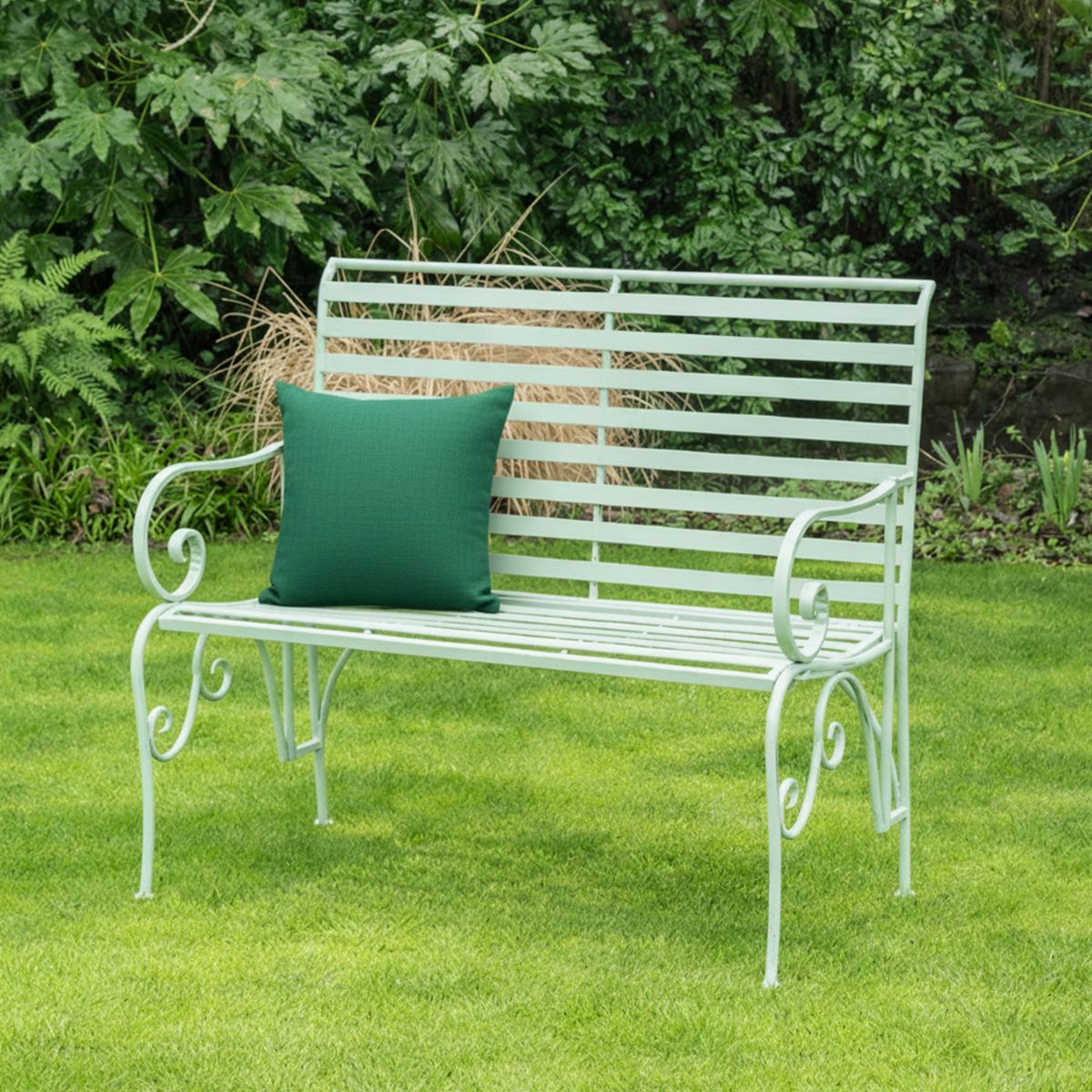 Sage Green Metal Ornate Distressed Garden Bench - 100cm x 92cm