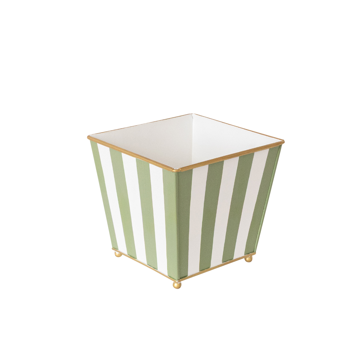 Green & White Striped Metal Planter Pot with Gold Feet - 17cm x 16.5cm