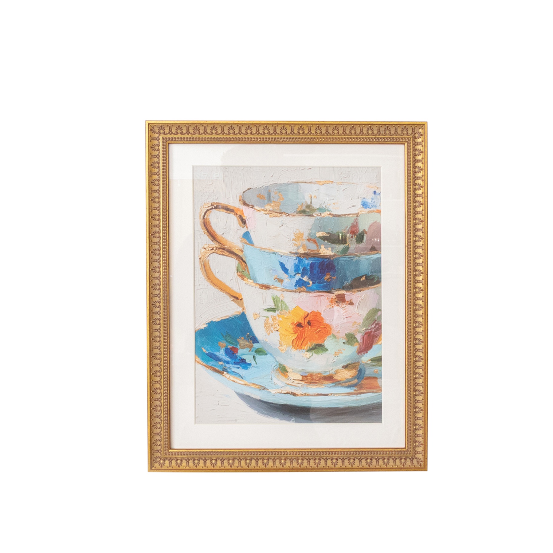 Multicoloured Teacup Wall Art with A Vintage Gold Frame - 40cm x 50cm
