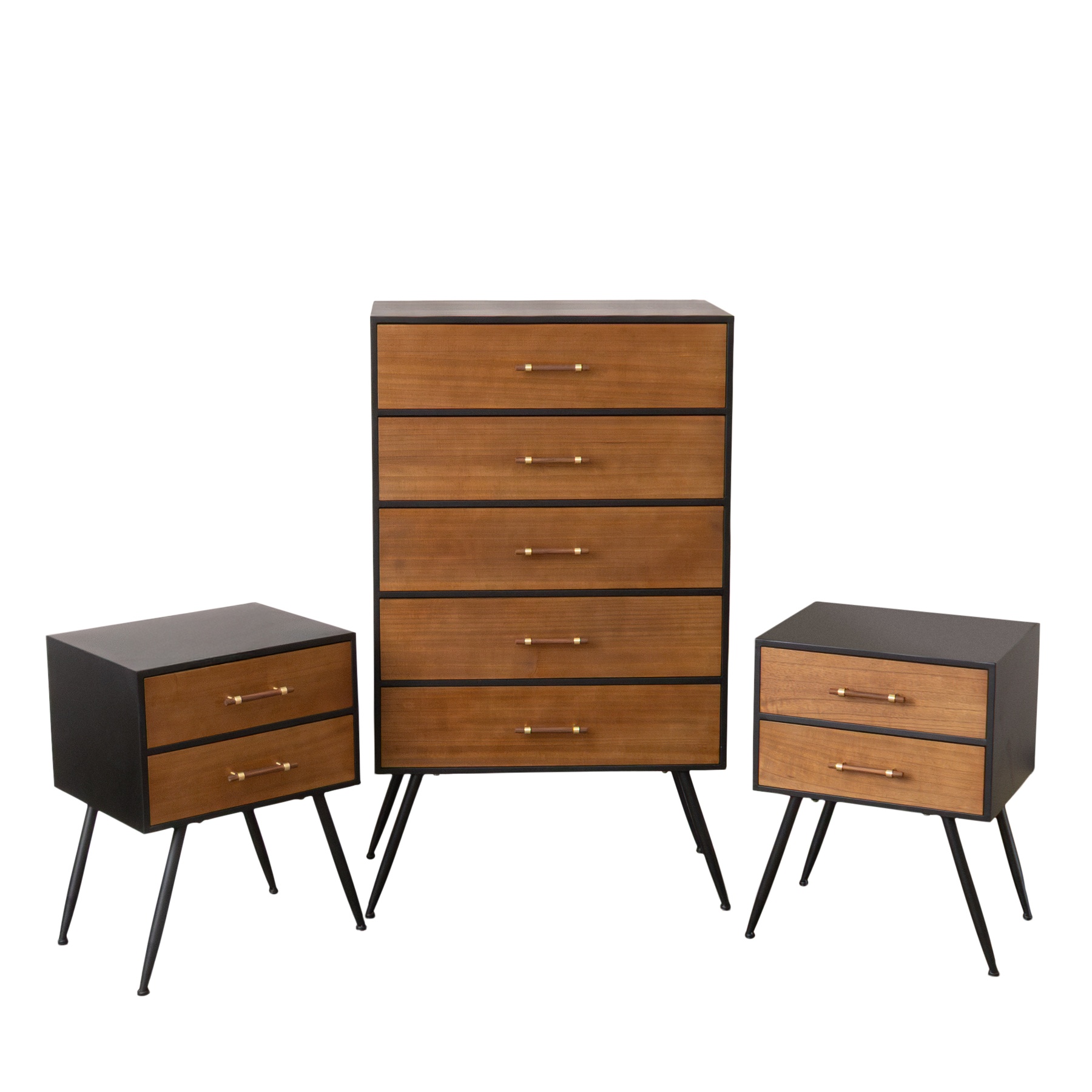 Mid-Century Modern Wooden & Black 5 Drawer Tallboy & Pair of 2 Drawer Bedside Tables - Industrial Range