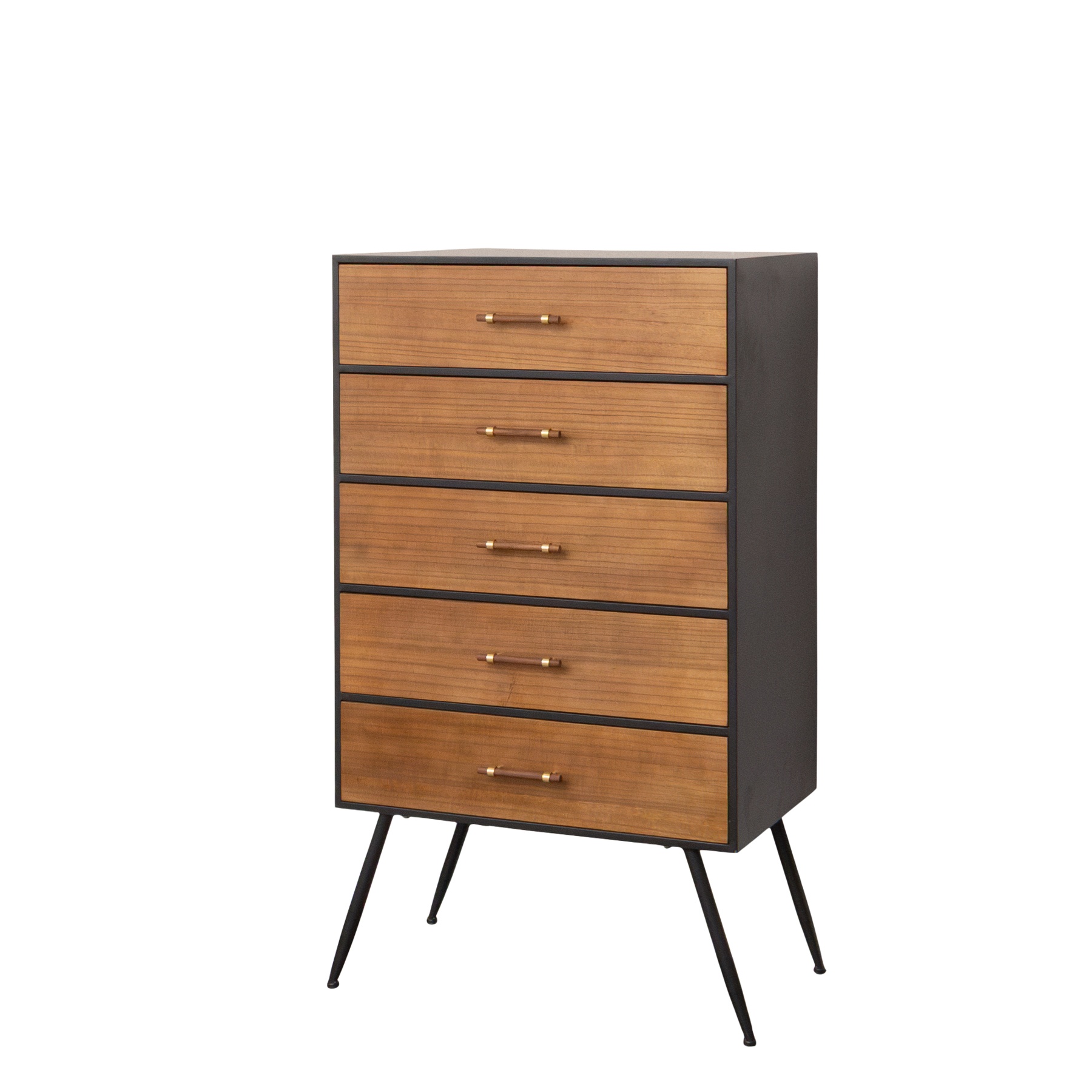 Mid-Century Modern Wooden & Black 5 Drawer Tallboy - Industrial Range