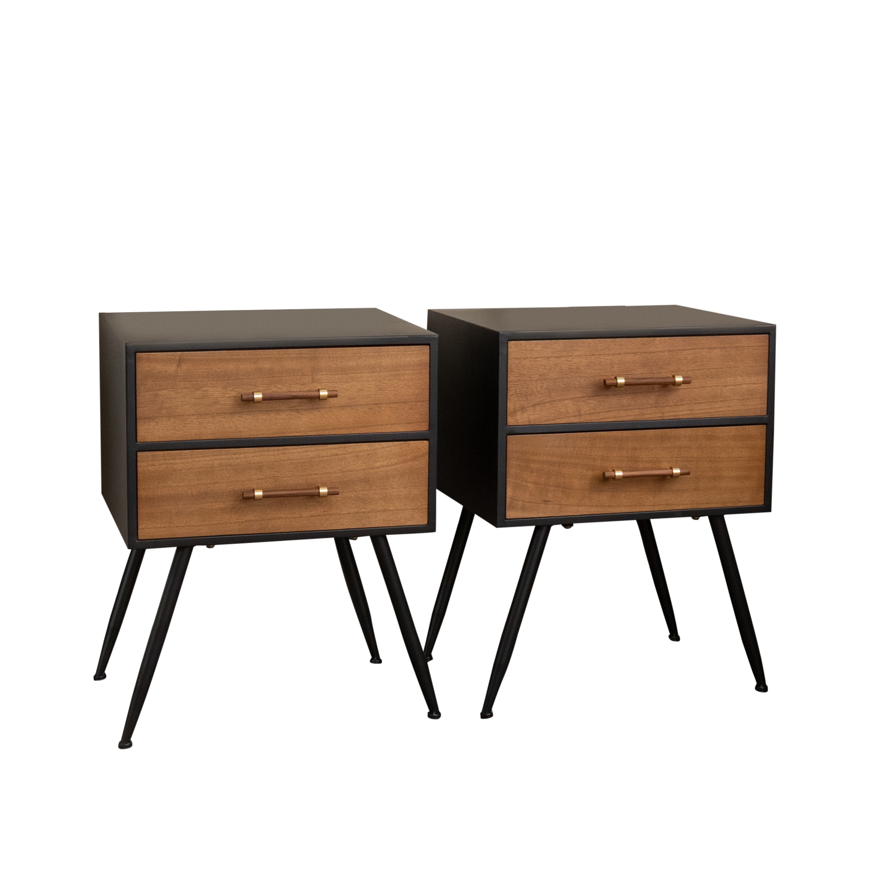 Pair of Mid-Century Modern Wood & Black 2 Drawer Bedside Tables - Industrial Range