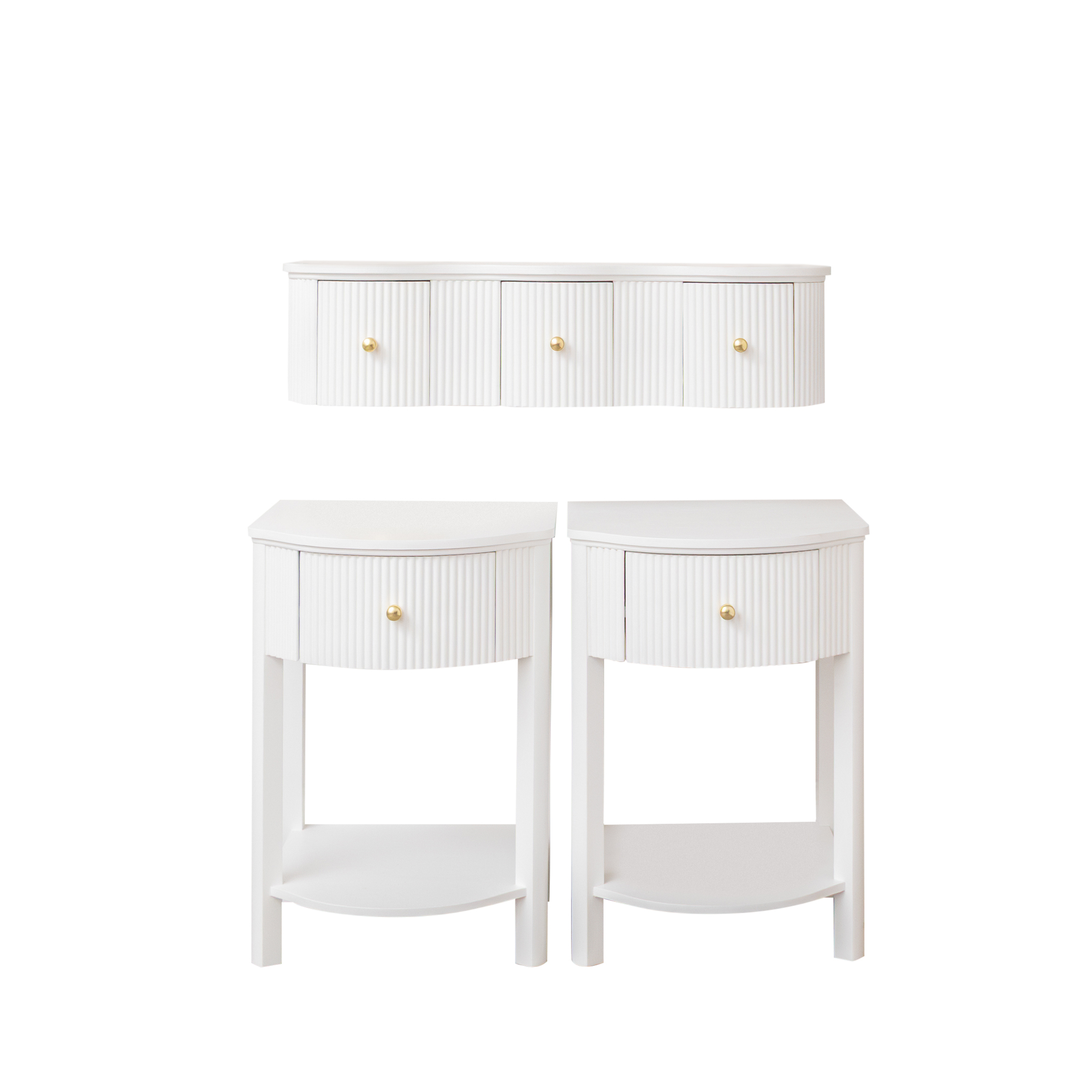 3 Drawer Reeded Wall Mounted Floating Dressing Table & Pair of Bedside Tables - Willow White Range