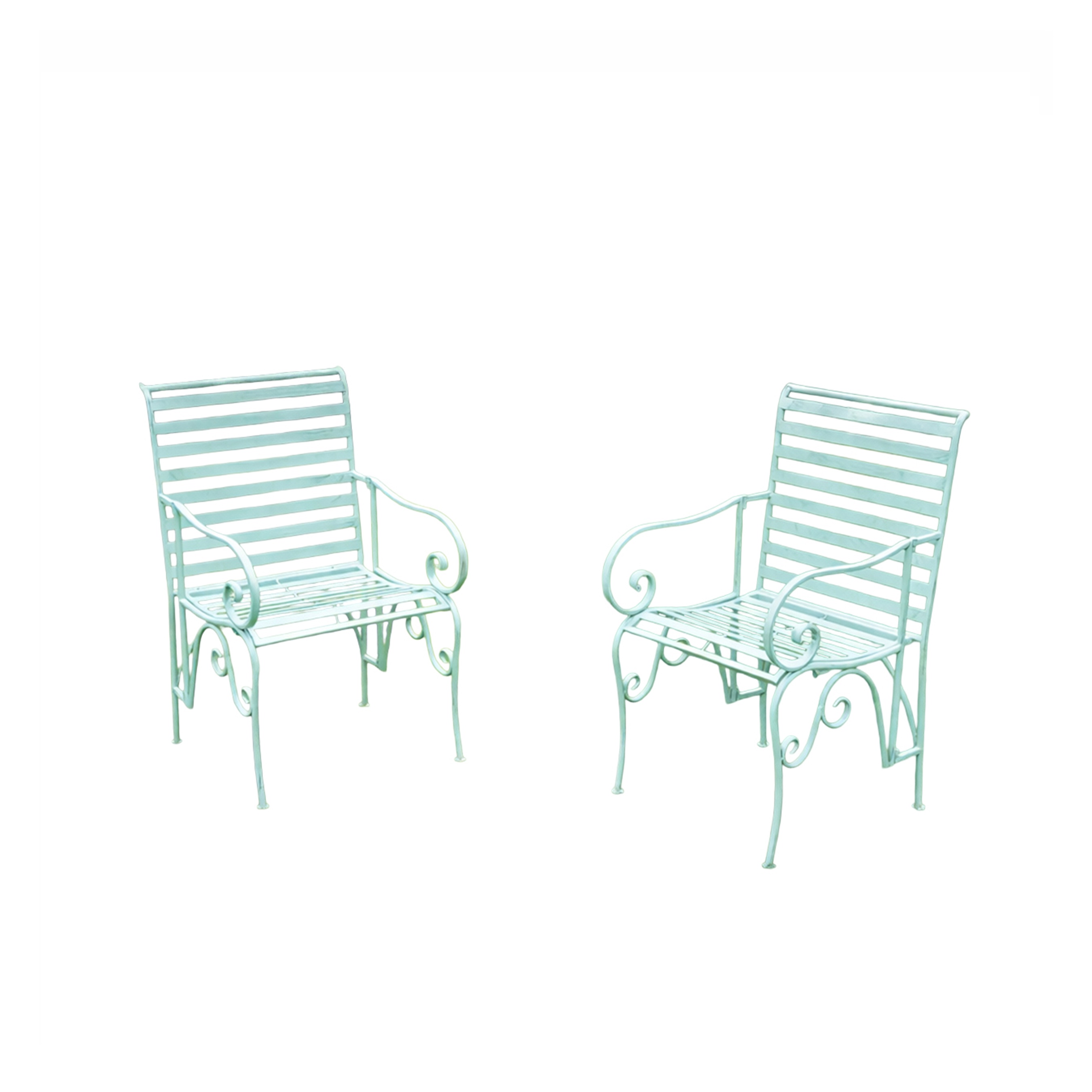 Set of 2 Ornate Metal Sage Green Garden Chairs - 55cm x 92cm