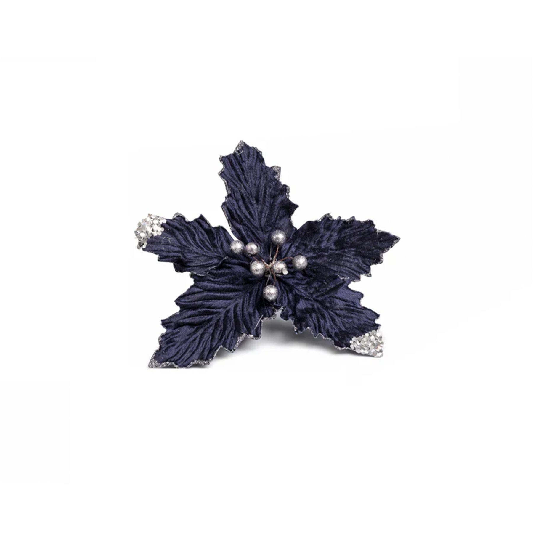 Set of 3 Navy Blue Poinsettias Clip Christmas Decorations - 25cm