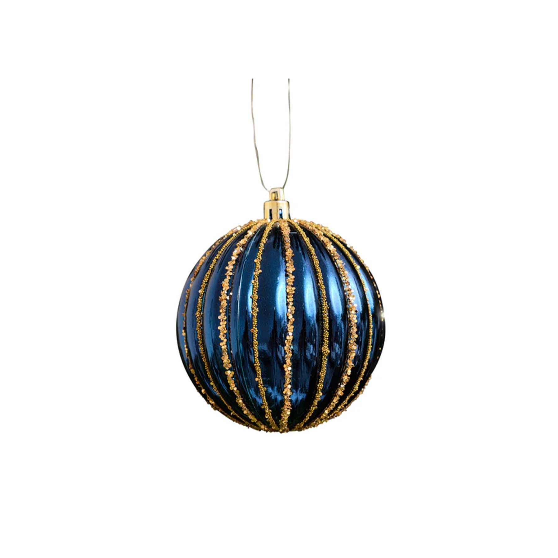 Set of 2 Blue Glitter Striped Reeded Hanging Baubles - 8cm