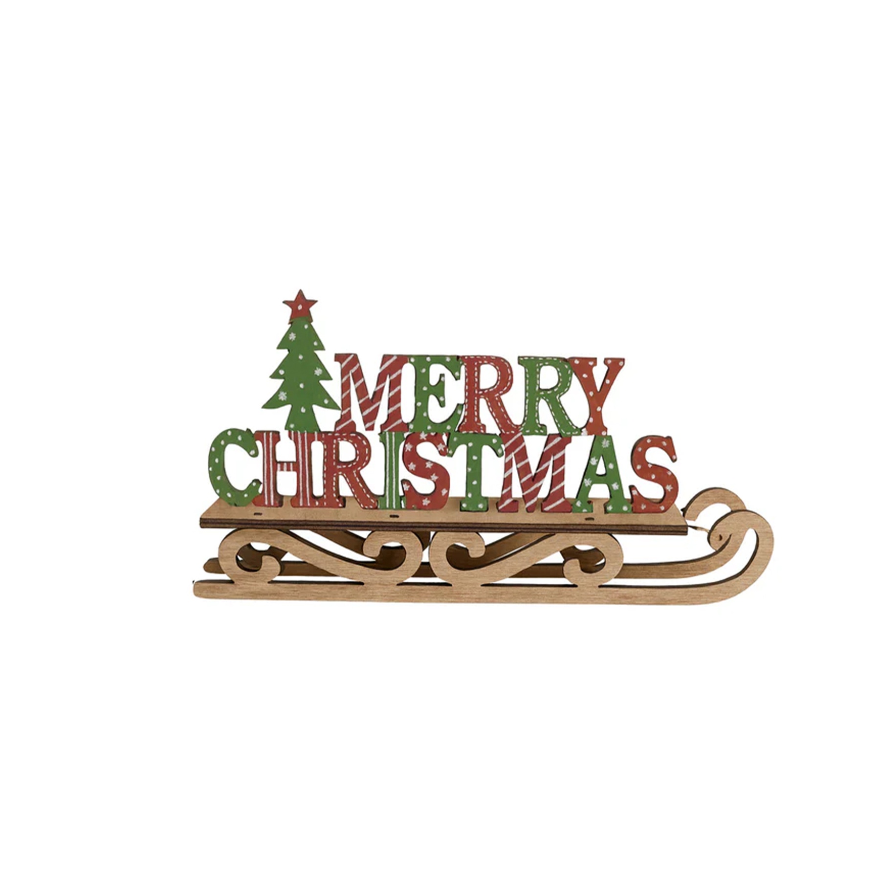 Rustic Wooden Green & Red Merry Christmas Sleigh Sign