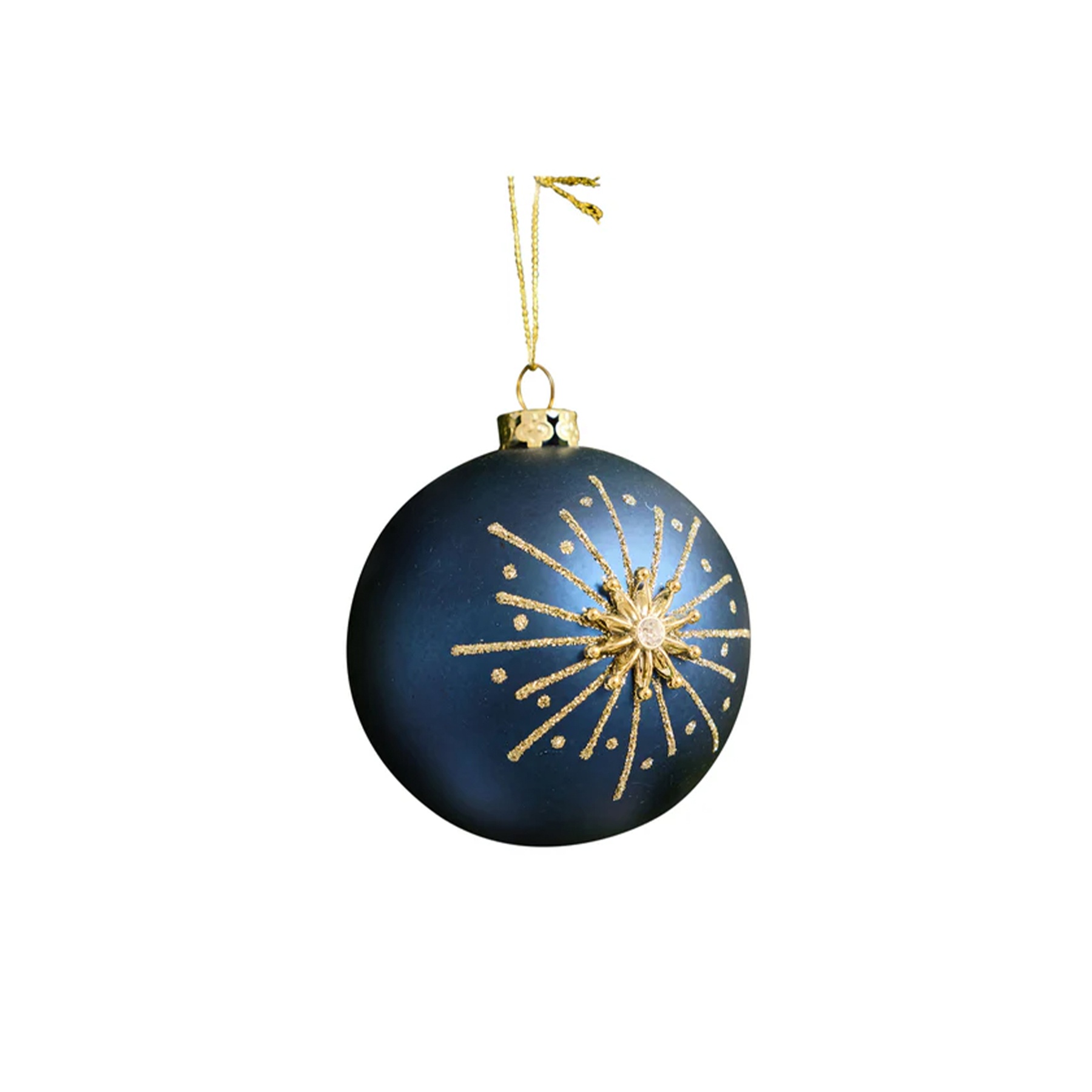 Set of 2 Navy Blue & Gold Glittered Starburst Baubles - 8cm
