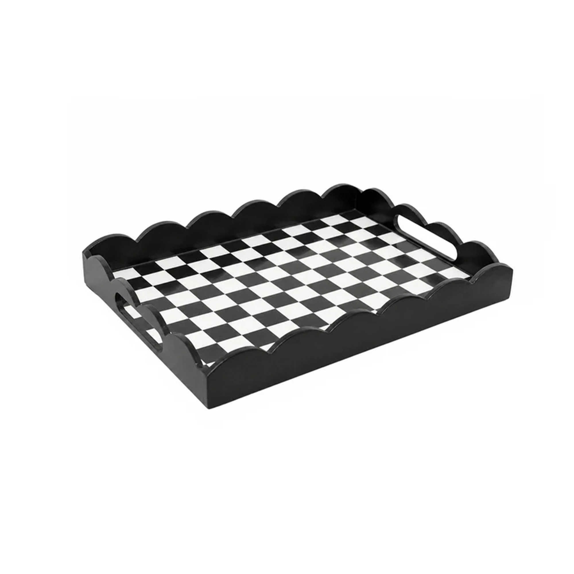 Rectangle Black Monochrome Checked Scalloped Tray