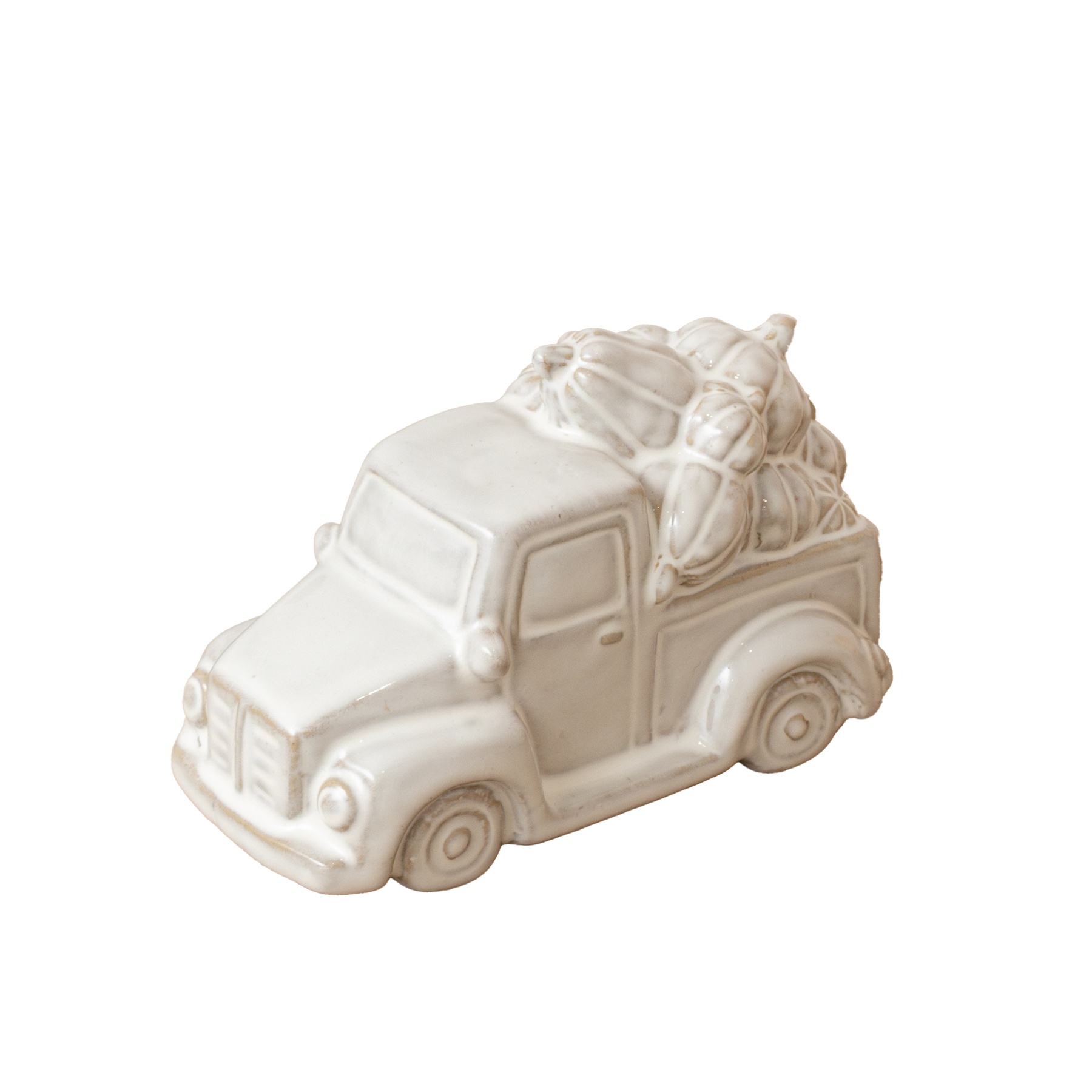 Small White Glazed Ceramic Pumpkin Trailer Ornament - 15.5cm x 8cm