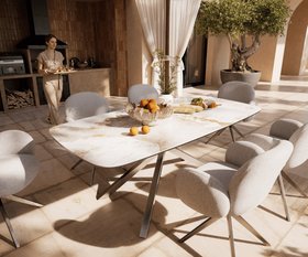 Outdoortisch Edge Boot 200x100 cm Keramik Minas Melange Weiß-Beige Kreuzgestell Rechteck Edelstahl