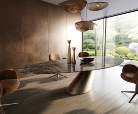 Esstisch Edge Oval 315x150 cm Keramik Emperador Extra Lucidato Dunkelbraun Cono Metallic Gold