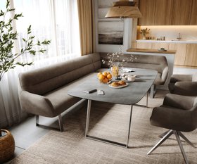 Esszimmerbank Taya-Flex 285x190 cm Mikrofaser Taupe Vintage Kufengestell kantig Edelstahl Taschenfederkern Links