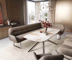 Esszimmerbank Taya-Flex 285x190 cm Strukturstoff Soft Taupe Kufengestell flach Edelstahl Taschenfederkern Links