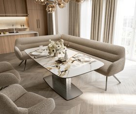 Esszimmerbank Taya-Flex 285x190 cm Bouclé Schlamm Kreuzgestell kantig Graphit Taschenfederkern Rechts