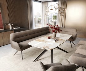 Esszimmerbank Taya-Flex 285x190 cm Strukturstoff Soft Taupe Kreuzgestell kantig Graphit Taschenfederkern Links