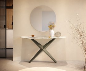 Konsolentisch Edge Polygonal 140x50 Cm Keramik Calacatta Luxe Weiss Gold Grau Zentharo Metall Effektfinish