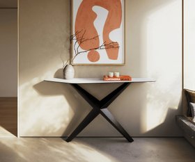45687 Konsolentisch Edge Polygonal 140x50 Cm Keramik Laminam   Statuarietto Weiss Zentharo Metall Schwarz 1600x13
