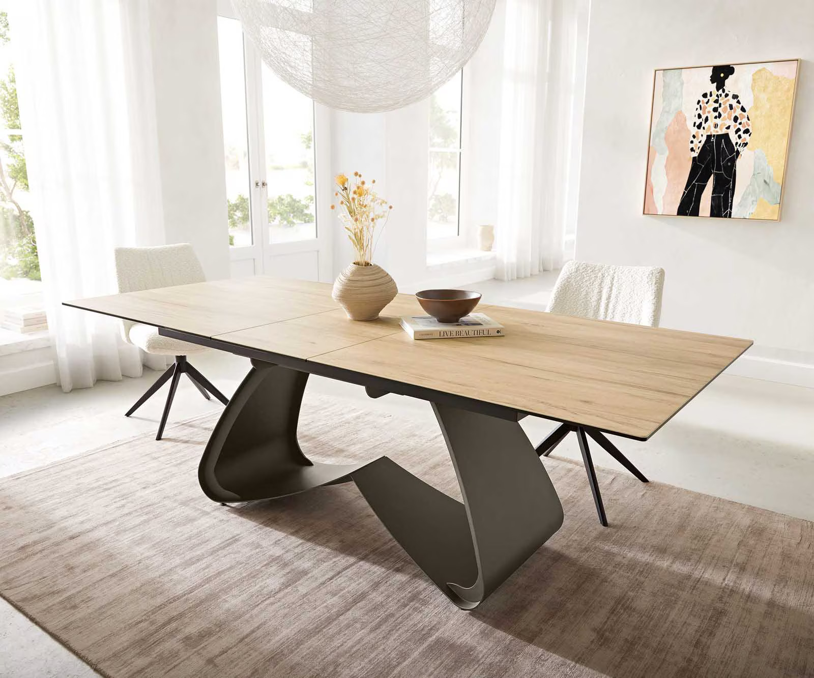 Esstisch Edge 180-220x90 Keramik Laminam® Sabbia Eichefarbig W-Gestell Effektfinish Titan Ausziehbar