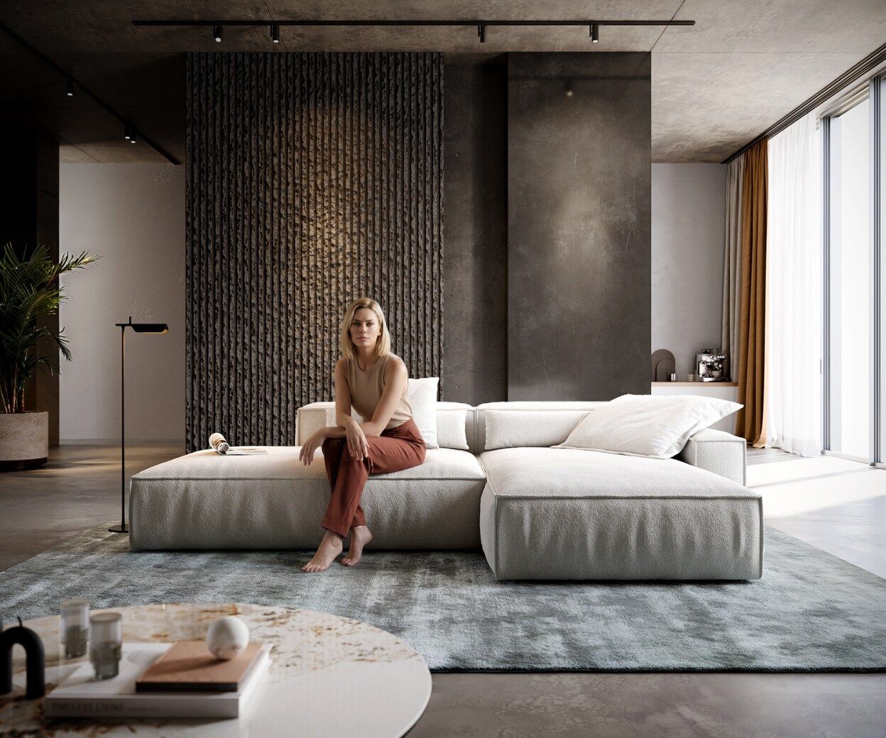 Ecksofa Freestyle 310x200 cm Bouclé Soft Beige Kedernaht