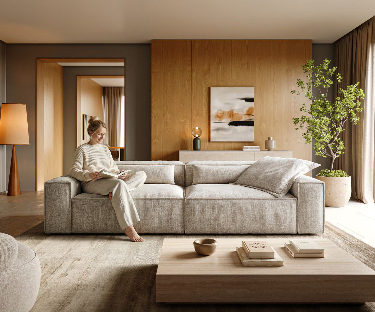 Big-Sofa Freestyle 280x110 cm Webstoff Soft Beige Kedernaht