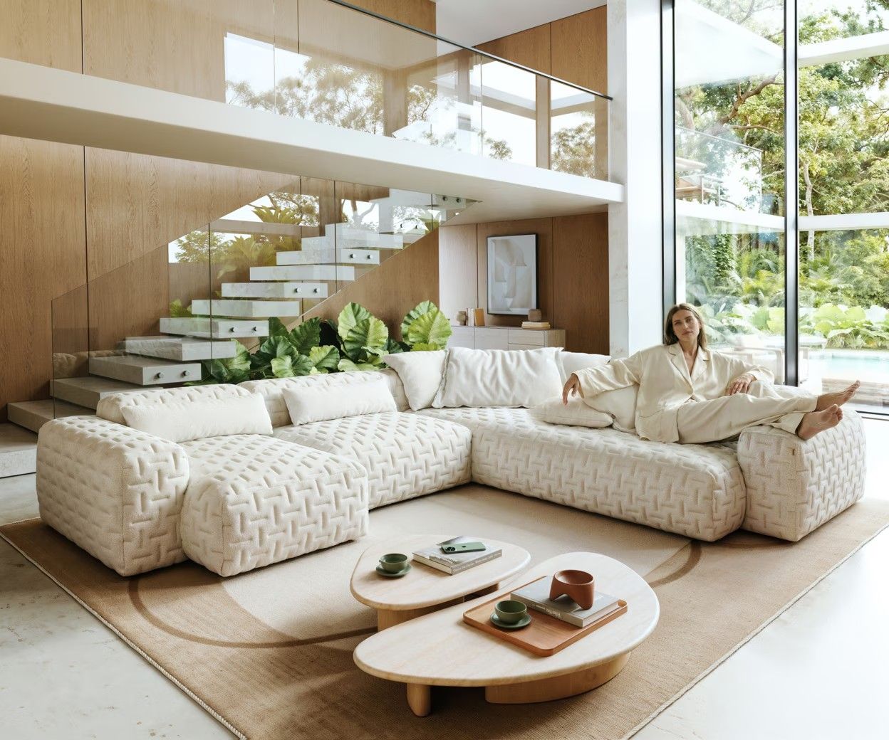 Wohnlandschaft Freestyle 360x290 cm Bouclé Soft Beige Gesteppt