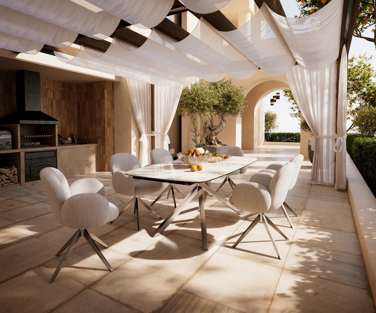 Outdoortisch Edge Boot 200x100 cm Keramik Minas Melange Weiß-Beige Kreuzgestell Rechteck Edelstahl