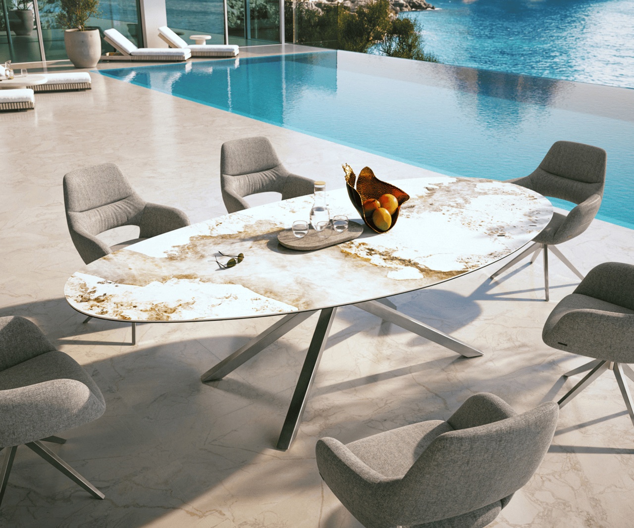 Outdoortisch Edge Oval 280x130 cm Keramik Minas Melange Weiß-Beige Kreuzgestell Rechteck Edelstahl