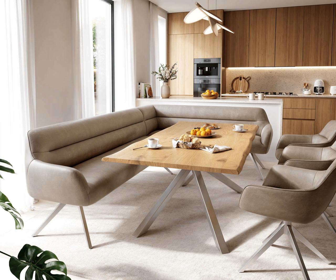 Esszimmerbank Taya-Flex 285x190 cm Mikrofaser Beige Vintage Kreuzgestell kantig Edelstahl Taschenfederkern Links