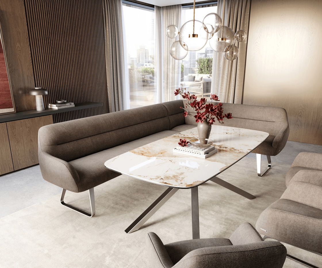 Esszimmerbank Taya-Flex 285x190 cm Strukturstoff Soft Taupe Kufengestell flach Edelstahl Taschenfederkern Links