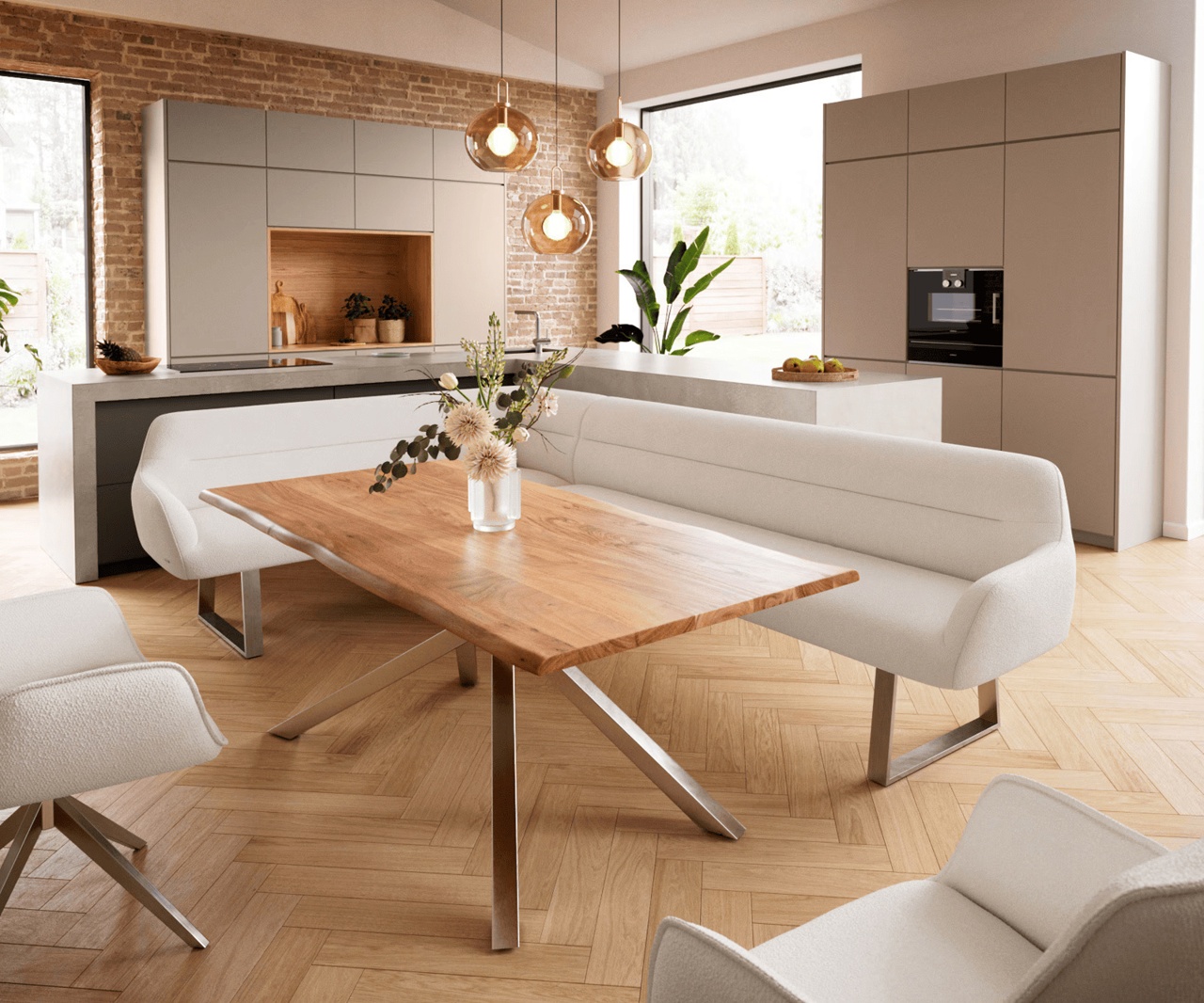 Esszimmerbank Taya-Flex 285x190 cm Bouclé Creme-Weiß Kufengestell kantig Edelstahl Taschenfederkern Rechts