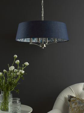 English Heritage Down House 4 Light Shadelier Satin Chrome and Blue With Shade