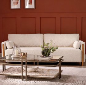 Audrey Exposed Wood Frame 3 Seat Sofa In Ecru Textured Weave