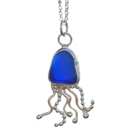 Cobalt Blue Sea Glass and Sterling Silver Jelly Fish Pendant