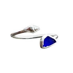 Cobalt Blue Sea Glass and Sterling Silver Spiral Adjustable Ring