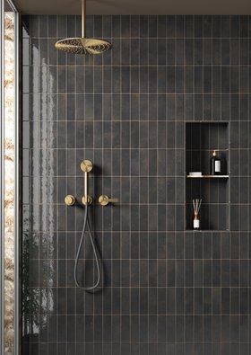 Bohemian Charcoal Black Brick Effect Gloss Porcelain Wall Tile