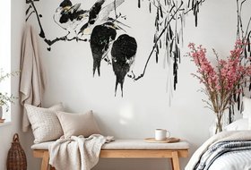 Perched Magpies Oriental Bird Wall Mural available at Wallsauce